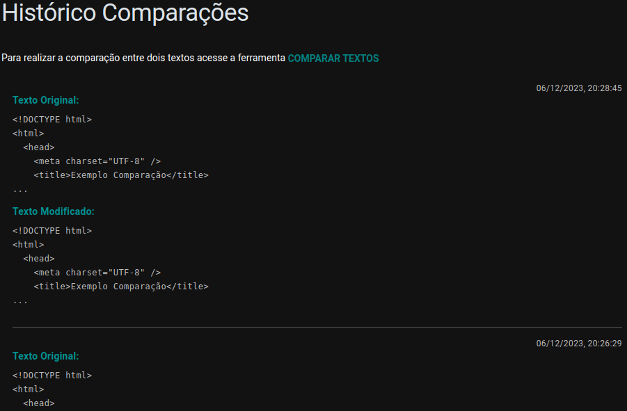 Visualizar o histórico de comparações realizadas entre dois textos